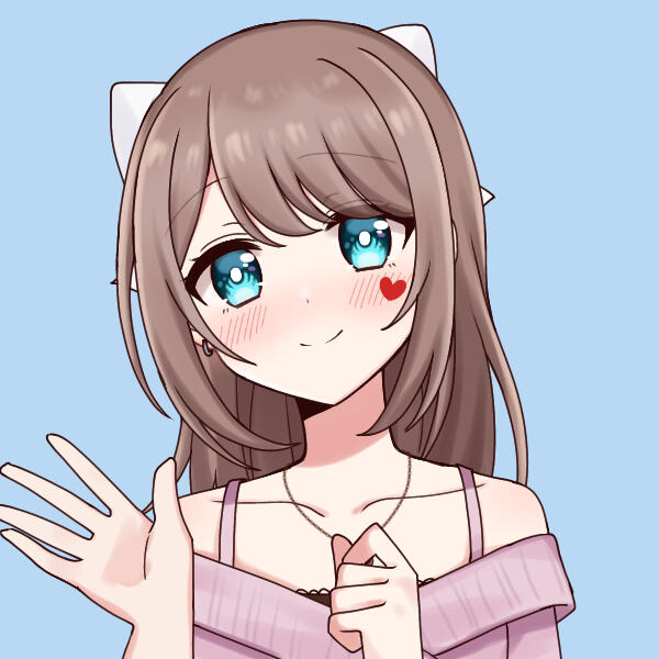 a girl with light brown hair and blue eyes wearing a pink sweater and waving