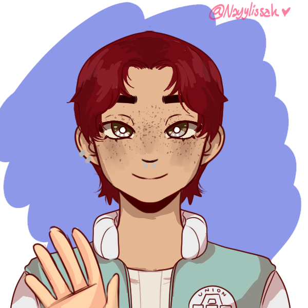 a girl with short red hair and brown eyes wearing a mint letterman jacket and waving