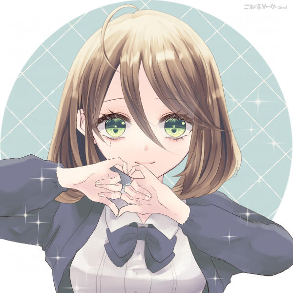 a girl with light brown hair and green eyes wearing a button down and a blue cardigan and making a heart sign with her hands